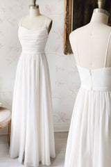 white chiffon spaghetti straps long prom dress, cheap simple bridesmaid dress,HO126