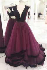 chic purple A-line deep v-neck long prom dress,HO127