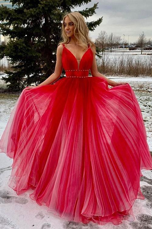 Red v neck tulle long prom dress, red tulle evening dress,BH91169