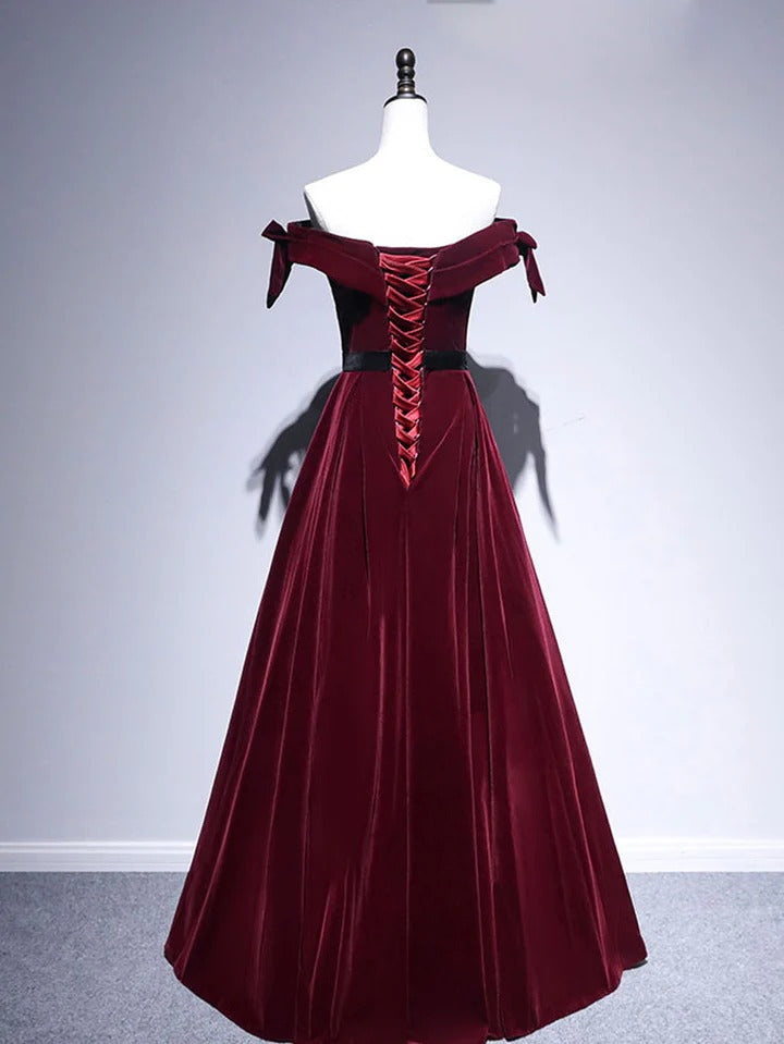 Burgundy sweetheart neck off shoulder long prom dress, velvet bridesmaid dress,BD22260