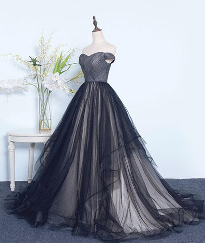 Simple Black Sweetheart Tulle Long Prom Dresses, Black Evening Dresses,PD4558952