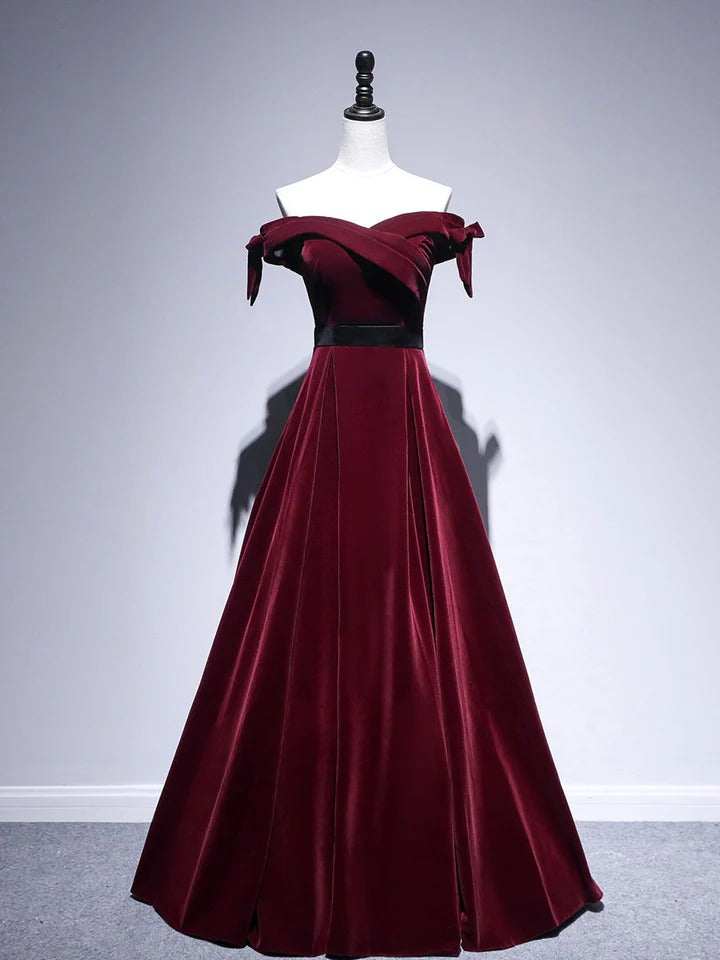 Burgundy sweetheart neck off shoulder long prom dress, velvet bridesmaid dress,BD22260