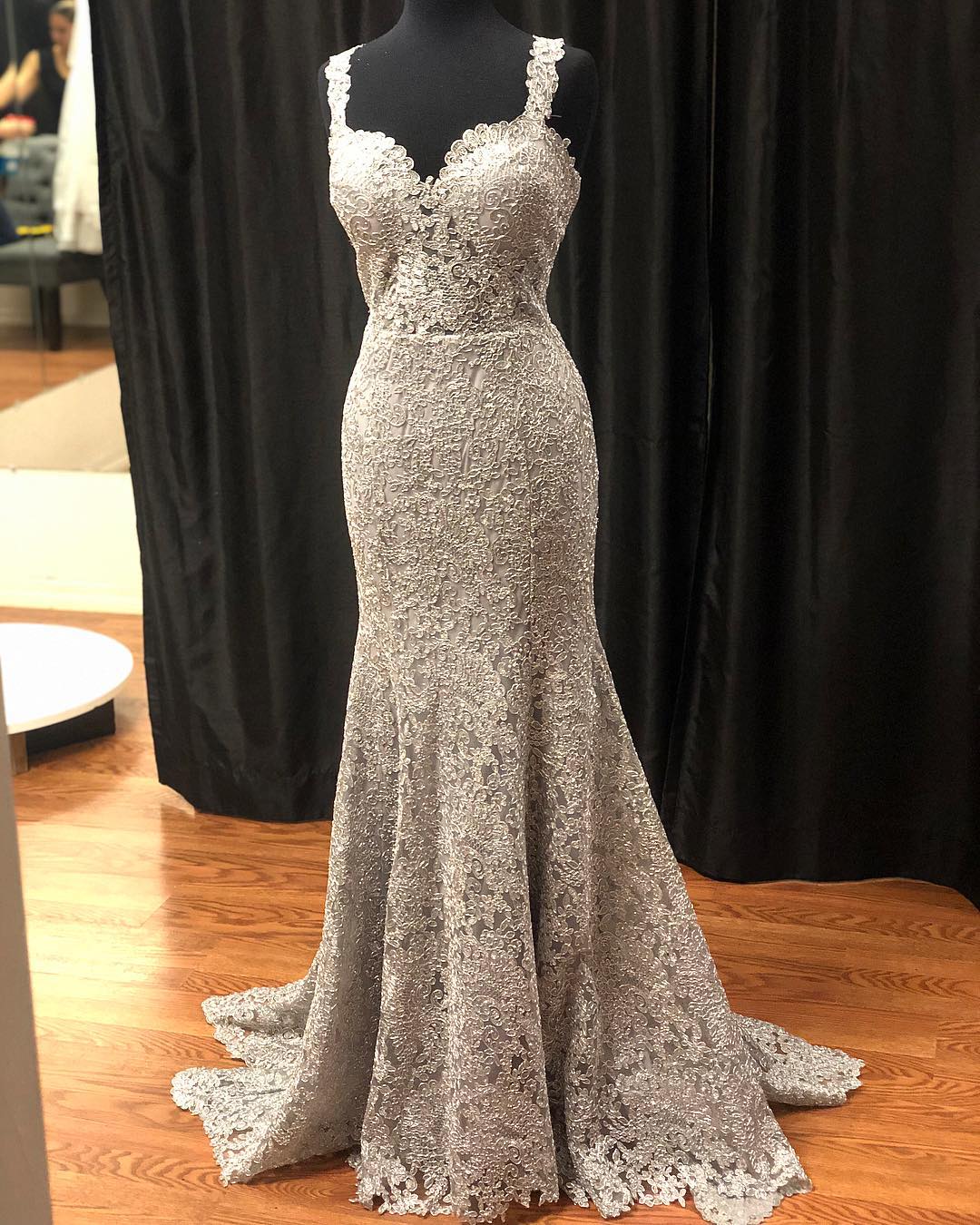 Gray Lace Long Prom Dress, Lace Evening Dress, BH91270