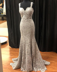 Gray Lace Long Prom Dress, Lace Evening Dress, BH91270