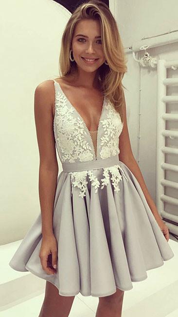 Gray Chiffon Lace Short Prom Dresses, Cute Homecoming Dresses,PD4558946