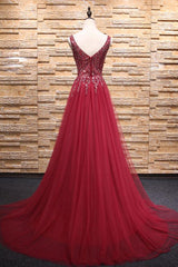 V neck beads tulle long prom dress, evening dress neck beads tulle long prom dress, burgundy evening dresses,PD4558914