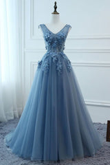 v neck tulle lace long prom dress, tulle evening dress,BH91176