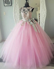 Pink round neck tulle lace beads long prom dress, pink evening dresses,072511