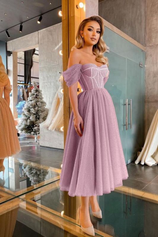 Elegant Off-the-Shoulder Sequins Tulle Short Prom Dress,BD22189