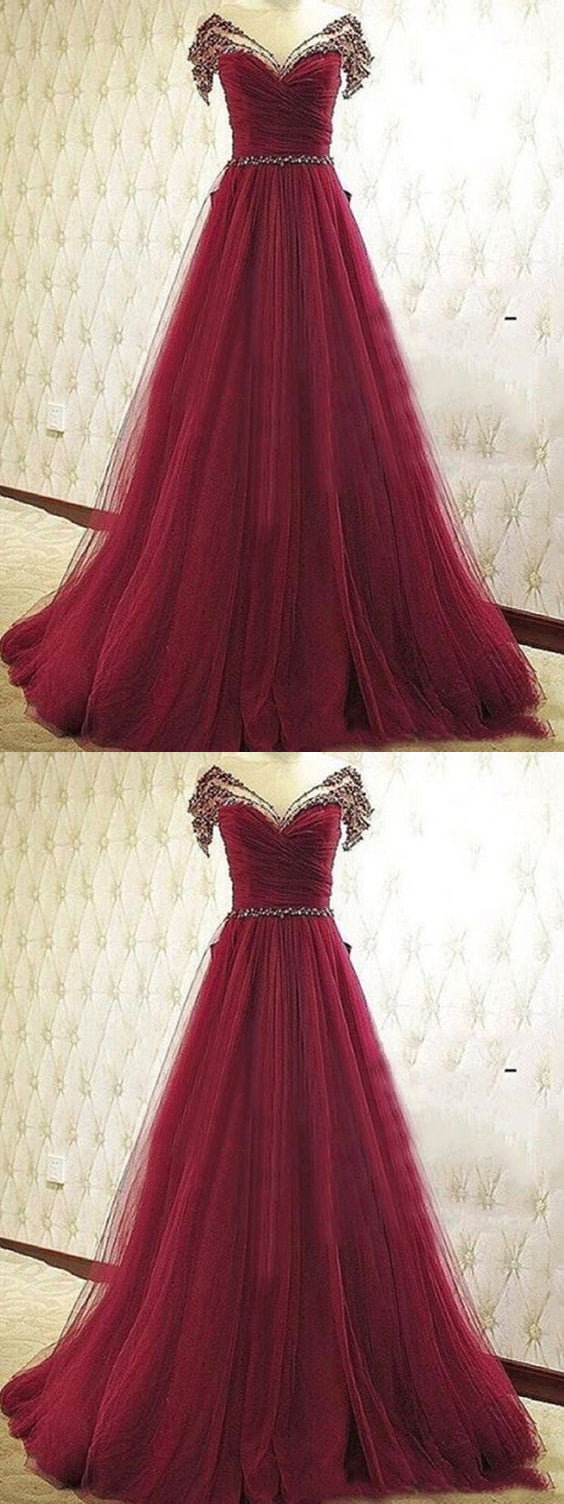 Burgundy Prom Dresses A-line Scoop Floor-length Tulle Sequins Sexy Prom Dress/Evening Dress