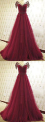 Burgundy Prom Dresses A-line Scoop Floor-length Tulle Sequins Sexy Prom Dress/Evening Dress