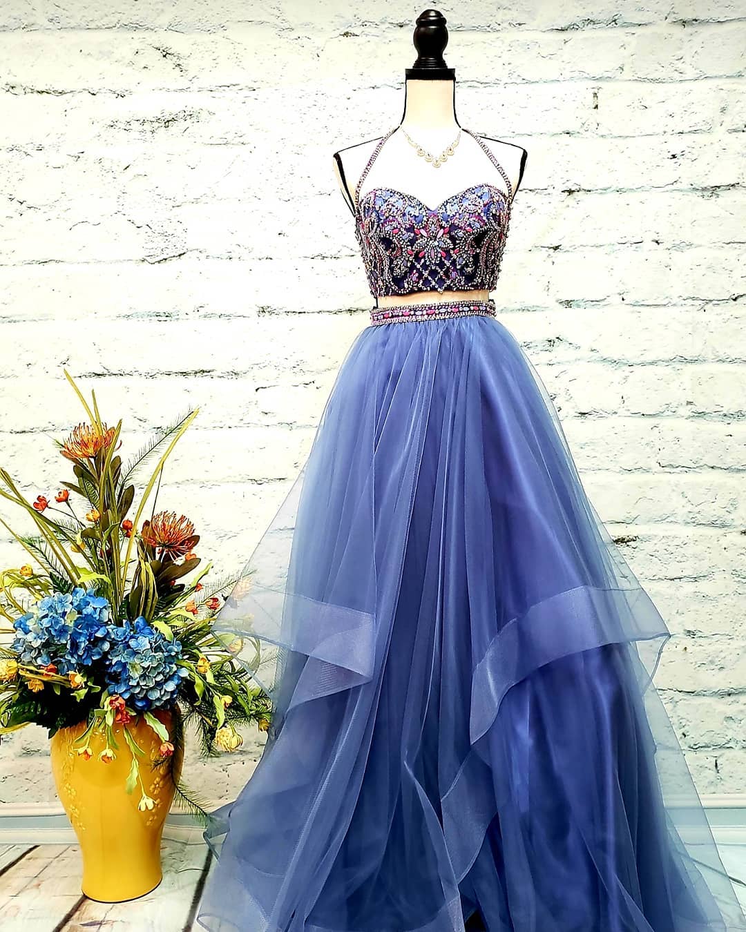 Two Piece Halter Tulle Long Prom/Evening Dress with Beading, BH91288