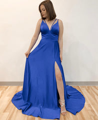 V Neck Long Satin Prom Dress with Slit, BH91305