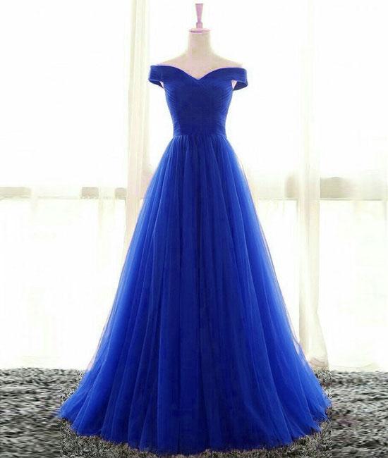 Simple Sweetheart Tulle Blue Long Prom Dresses, Blue Evening Dresses,PD4558954