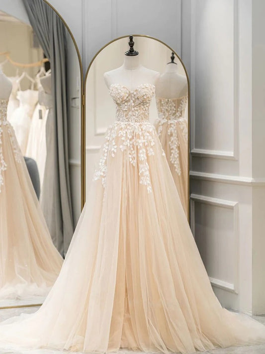 A line sweetheart neck tulle champagne long prom dress, long champagne formal graduation evening dress,BD22201