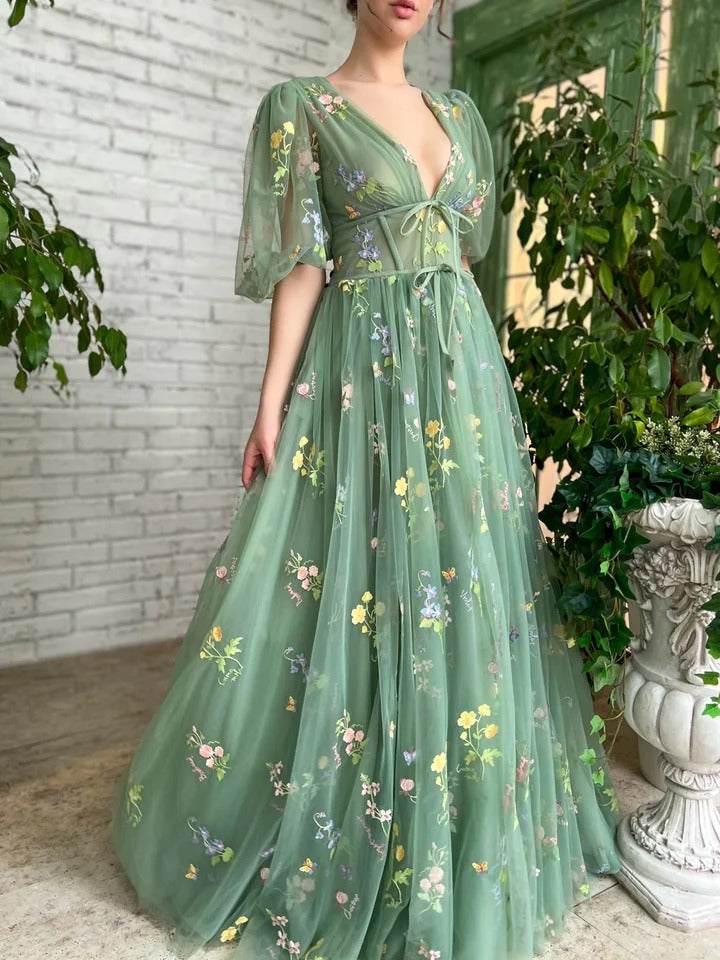 Green v neck long prom dress lace tulle green long formal dress,BD22208