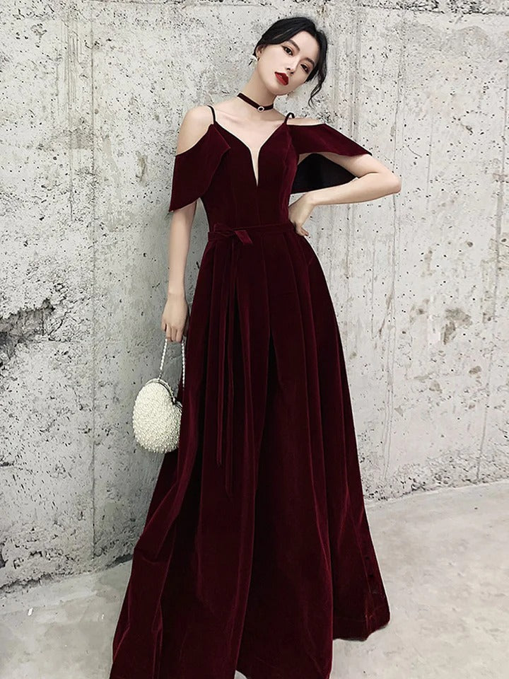 Burgundy v neck velvet long prom dress, burgundy evening dress,BD22271