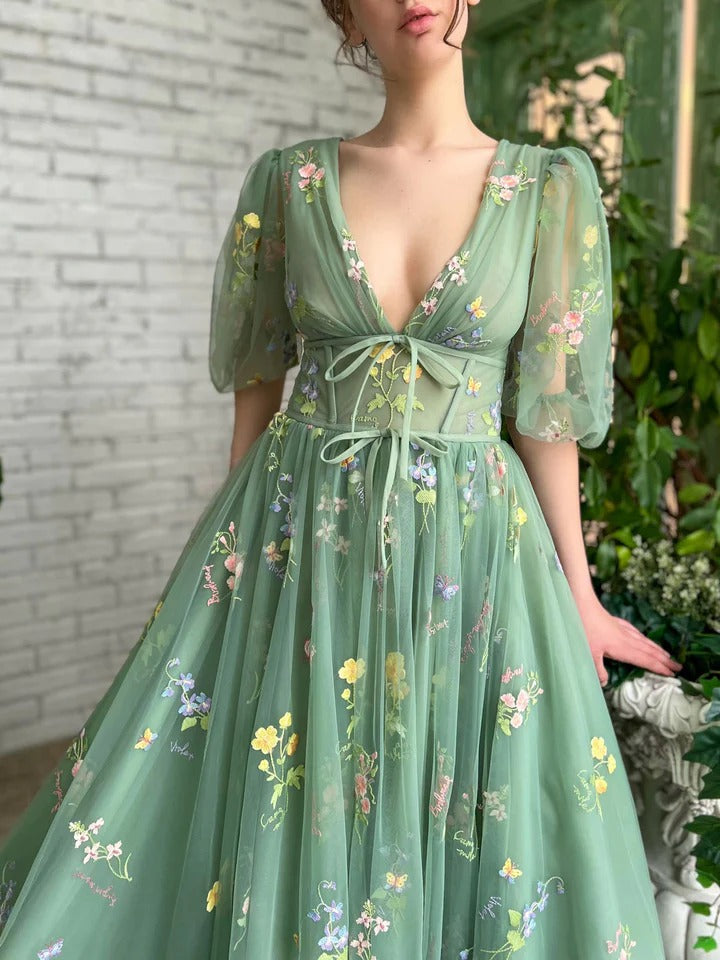 Green v neck long prom dress lace tulle green long formal dress,BD22208