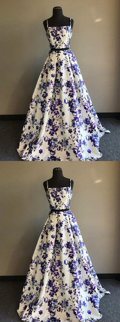 A-line two pieces prom dress,long Prom Dress,floral prom dress,evening gown,PD911