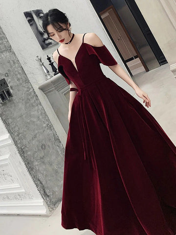 Burgundy v neck velvet long prom dress, burgundy evening dress,BD22271