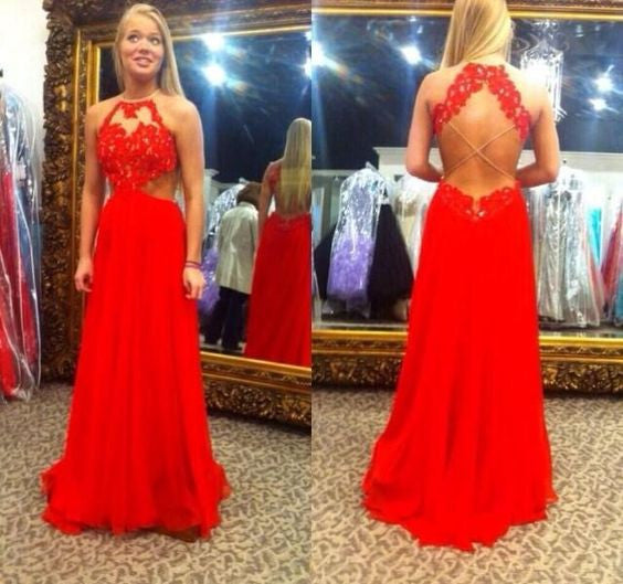 red Prom Dress,long prom dress,backless prom dress,lace evening dress,BD706