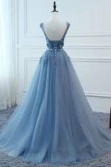 v neck tulle lace long prom dress, tulle evening dress,BH91176