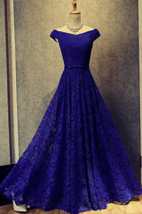 Royal Blue A Line Floor Length Off Shoulder Lace Up Hollow Prom Dress,Formal Dresses,BD56460