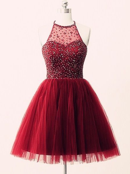 Short Prom Dresses, red homecoming dresses, with beads homecoming dresses, High neck homecoming dresses,PD45652