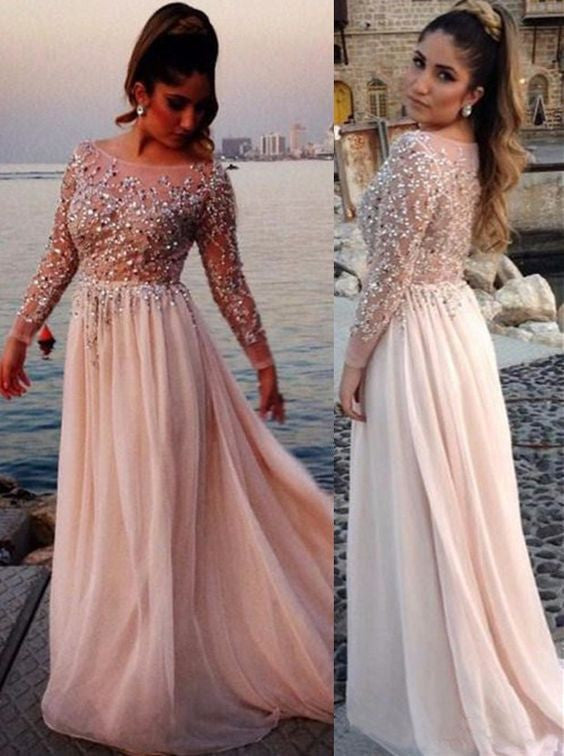 long sleeves prom dress,beaded prom dress,modest prom dress,floor-length evening dress,BD2610