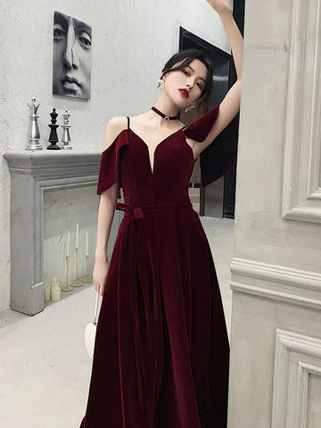 Burgundy v neck velvet long prom dress, burgundy evening dress,BD22271