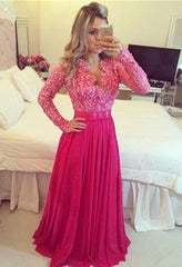 hot pink Prom Dresses,long sleeves prom dress,floor-length prom Dress,charming prom dress,beaded evening dress,BD2811