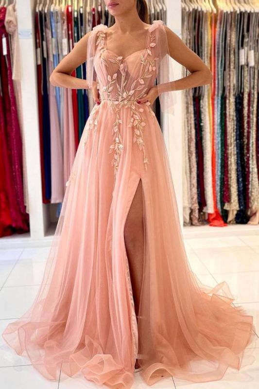 Princess Tulle Coral Pink Split Appliques Lace A-Line Prom Dresses,BD22190