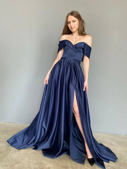 Simple off shoulder blue long prom dress, blue satin evening dress,BD22265