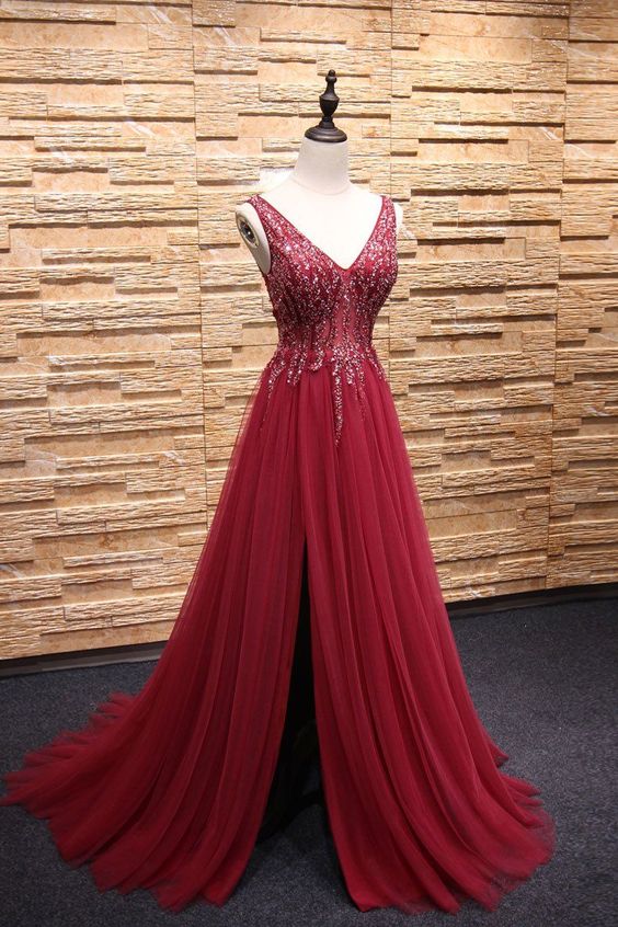 V neck beads tulle long prom dress, evening dress neck beads tulle long prom dress, burgundy evening dresses,PD4558914