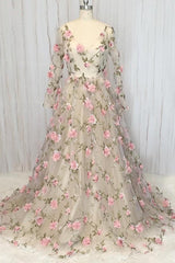 floral appliques long sleeves v-neck long A-line formal prom dress,HO121