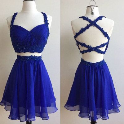 short Prom Dresses,royal Blue two pieces lace short prom dress, cute homecoming dress by DestinyDresses,PD45633