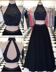 Modern High Neck Two-pieces Prom Dress-Black A-line with Beading,BD455857