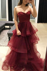 sweetheart burgundy tulle open back long prom dress,HO123