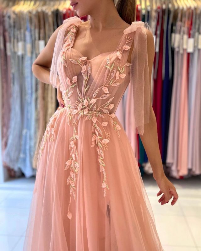 Princess Tulle Coral Pink Split Appliques Lace A-Line Prom Dresses,BD22190