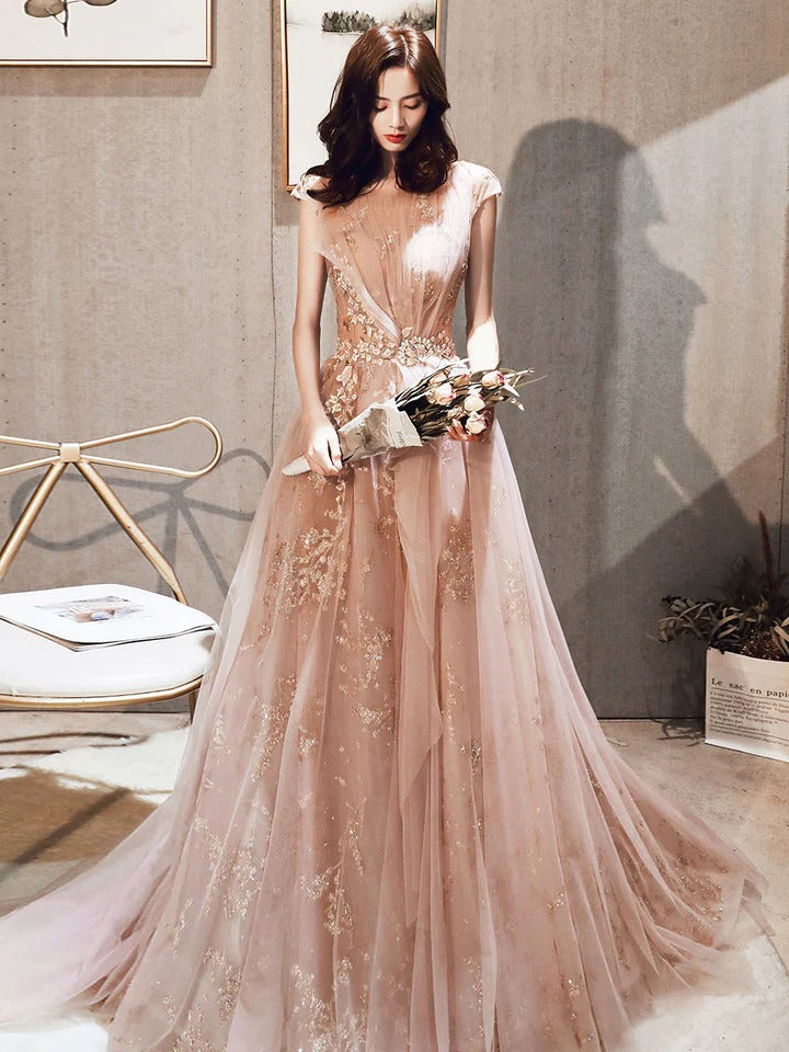 Aline round neck tulle pink long prom dresses, pink formal party graduation dress with sequin beading,BD22202