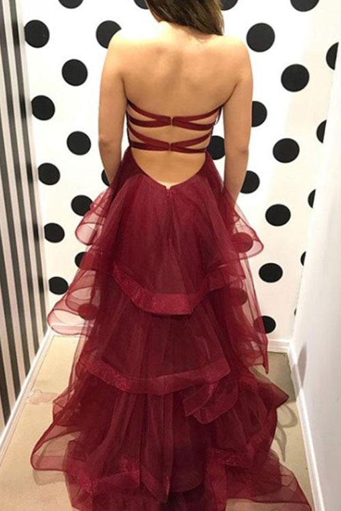 sweetheart burgundy tulle open back long prom dress,HO123