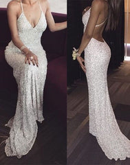 white sequin mermaid long prom dress for teens, sequin evening dresses