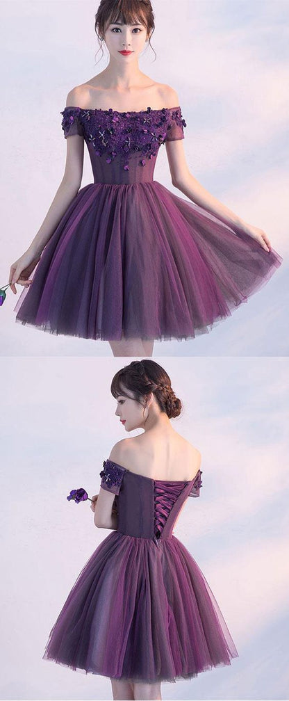 Cute A line purple off shoulder short prom dress, homecoming dresses,PD455874