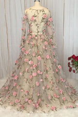 floral appliques long sleeves v-neck long A-line formal prom dress,HO121