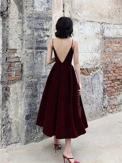 Simple v neck burgundy velvet prom dress, velvet evening dress,BD22266