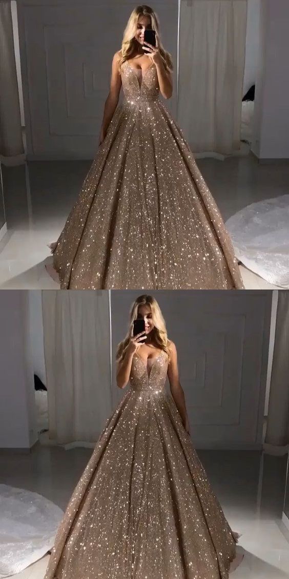 Sparkle Champagne Long A-line Chic Prom Dress,BD62637