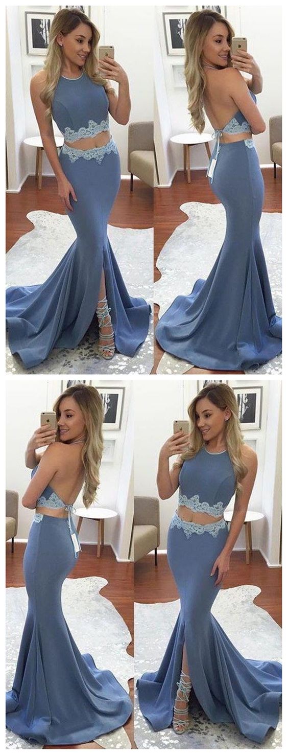 Sexy Two Pieces Mermaid Evening Prom Dresses, Long Backless Blue Party Prom Dress, Custom Long Prom Dresses,PD45561