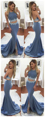 Sexy Two Pieces Mermaid Evening Prom Dresses, Long Backless Blue Party Prom Dress, Custom Long Prom Dresses,PD45561