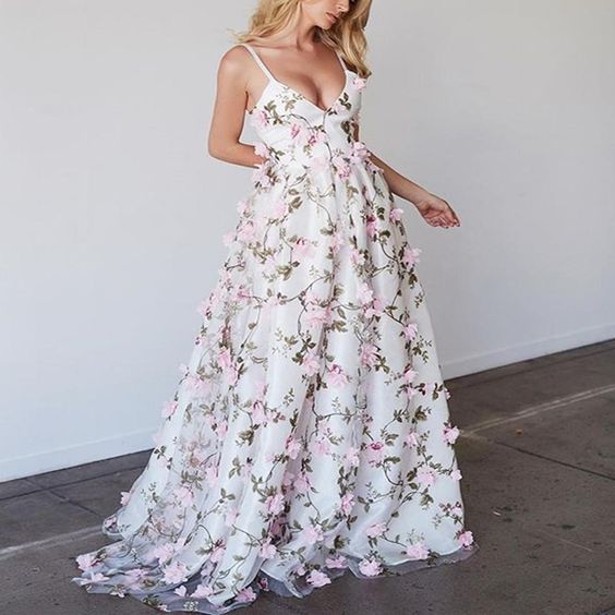 Spaghetti V-neck Floral A-line Prom Dresses, Unique Evening Gown, Long Prom Dresses,BD41521