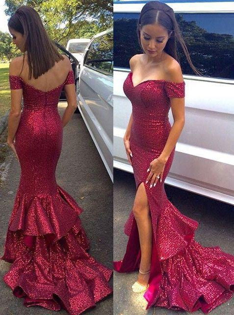 Sequin prom Dress,Charming Prom Dresses,Red prom Dress,Off shoulder prom dress,Evening dress,BD060